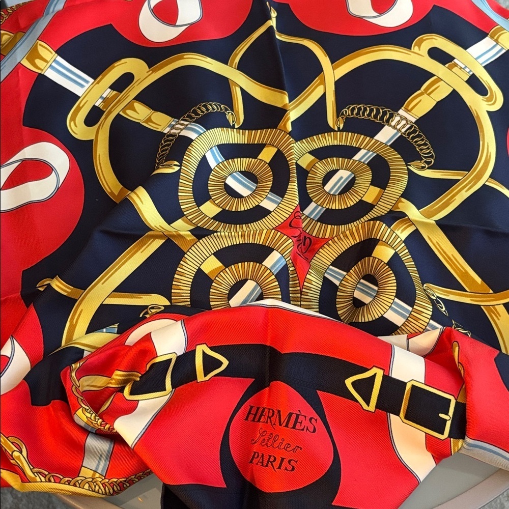 Red and Navy Silk Scarf - Designer Women’s Accessory